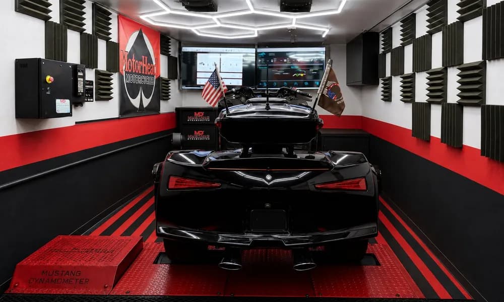 MotorHead Motorcycles dyno room with Mustang Dynamometer